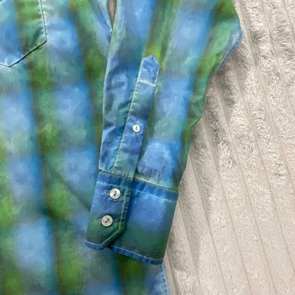 Georg Roth Shirt Mens S Plaid Ombre Flip Cuff Blue Green Button Up 100% Cotton - Picture 10 of 11